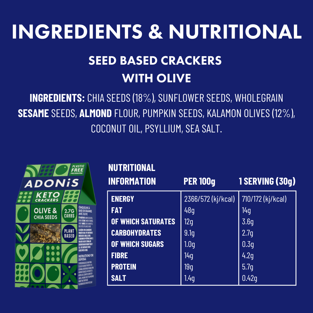 Seed based crackers with olive nutritionals and ingredients